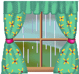 Art of rain outside a curtained window.